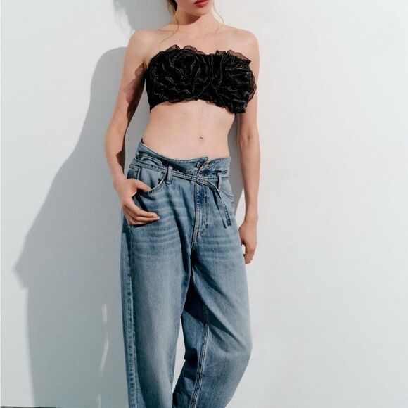 Zara Black Organza Flower Maxi Bandeau Top NWOT Size Small - Picture 3 of 9